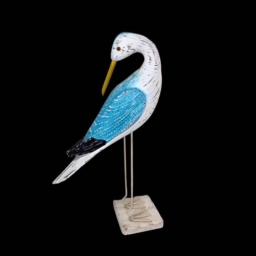 Rustic Style Hand Carved Wooden Seagull Preening Shorebird Coastal Decor Blue